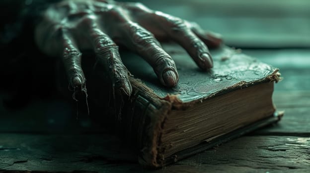 A terrible withered hand holds an ancient magic book. High quality photo