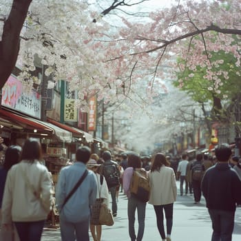 Colorful retro street photography of the streets of Japan during the Hanami holiday. High quality photo