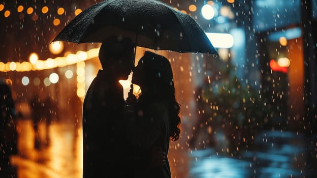 A couple in love under the same umbrella. Romantic photo for Valentine's Day. High quality photo