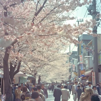 Colorful retro street photography of the streets of Japan during the Hanami holiday. High quality photo