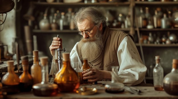 The scientist conducts experiments in his laboratory. Historical photo with reconstruction of the 18th century. High quality illustration