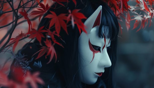 A beautiful gloomy photo of a Japanese girl in a fox mask. High quality photo