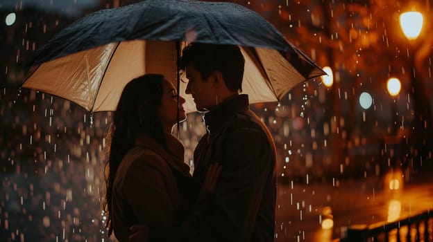 A couple in love under the same umbrella. Romantic photo for Valentine's Day. High quality photo