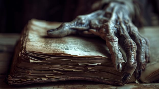 A terrible withered hand holds an ancient magic book. High quality photo