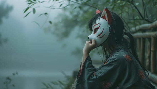 A beautiful gloomy photo of a Japanese girl in a fox mask. High quality photo