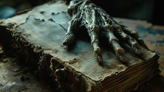A terrible withered hand holds an ancient magic book. High quality photo