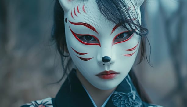 A beautiful gloomy photo of a Japanese girl in a fox mask. High quality photo