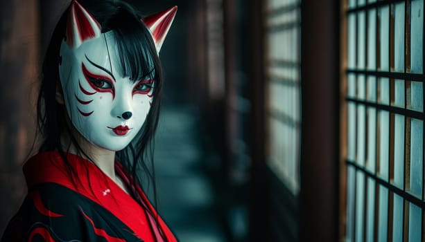 A beautiful gloomy photo of a Japanese girl in a fox mask. High quality photo