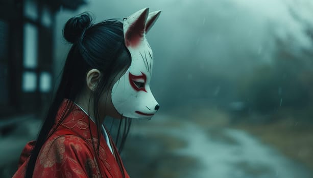 A beautiful gloomy photo of a Japanese girl in a fox mask. High quality photo