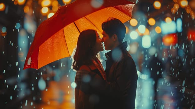 A couple in love under the same umbrella. Romantic photo for Valentine's Day. High quality photo