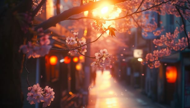 A colorful street photo of the streets of Japan during the Hanami holiday. Cherry blossoms. High quality photo