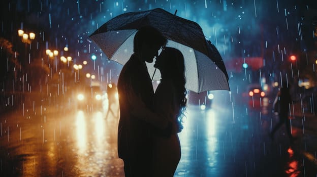 A couple in love under the same umbrella. Romantic photo for Valentine's Day. High quality photo