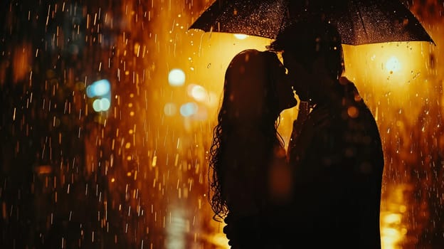 A couple in love under the same umbrella. Romantic photo for Valentine's Day. High quality photo