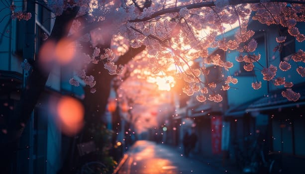 A colorful street photo of the streets of Japan during the Hanami holiday. Cherry blossoms. High quality photo