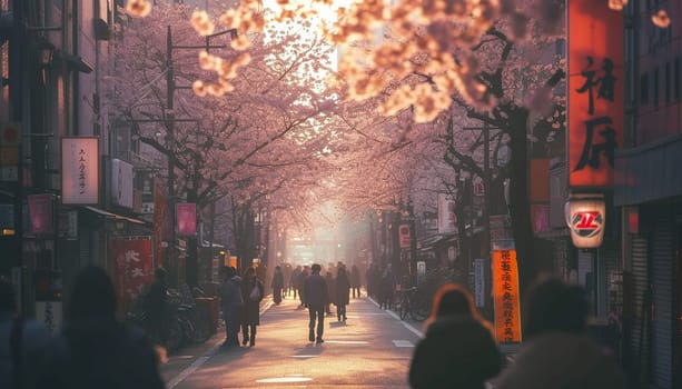 A colorful street photo of the streets of Japan during the Hanami holiday. Cherry blossoms. High quality photo