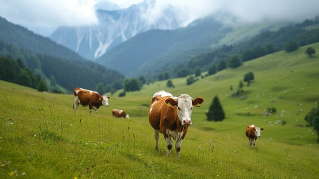 A cow grazes on alpine meadows. Agricultural industry . High quality illustration