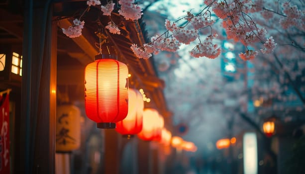 A colorful street photo of the streets of Japan during the Hanami holiday. Cherry blossoms. High quality photo