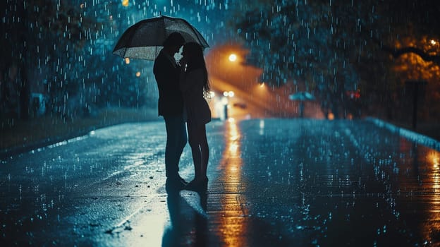 A couple in love under the same umbrella. Romantic photo for Valentine's Day. High quality photo