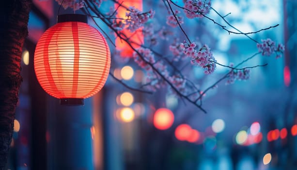 A colorful street photo of the streets of Japan during the Hanami holiday. Cherry blossoms. High quality photo