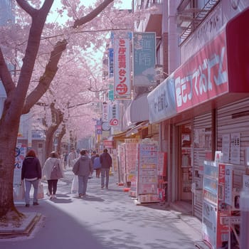 Colorful retro street photography of the streets of Japan during the Hanami holiday. High quality photo