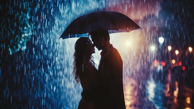 A couple in love under the same umbrella. Romantic photo for Valentine's Day. High quality photo