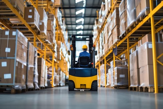 Warehouse employee driving forklift. Generative AI.