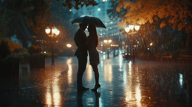 A couple in love under the same umbrella. Romantic photo for Valentine's Day. High quality photo