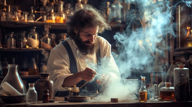 The scientist conducts experiments in his laboratory. Historical photo with reconstruction of the 18th century. High quality illustration