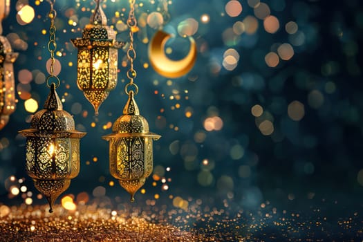 Ramadan Kareem background with a combination of shining hanging gold lanterns. Generative AI.