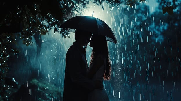 A couple in love under the same umbrella. Romantic photo for Valentine's Day. High quality photo