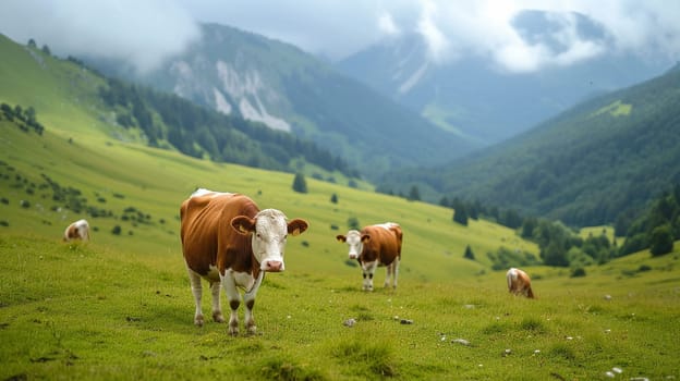 A cow grazes on alpine meadows. Agricultural industry . High quality illustration