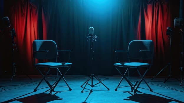 Two chairs and microphones in podcast or interview room. Generative AI.