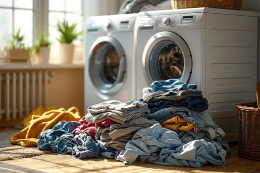 Dirty laundry piled up next to a washing machine. Generative AI.