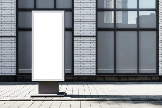 Side view of a white pylon stand with a brick building. Generative AI.