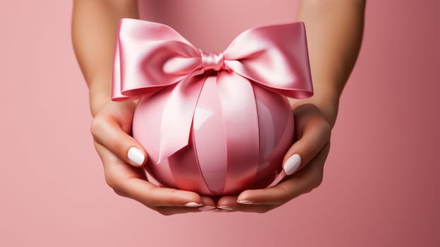 World Cancer Day, breast cancer awareness, Hands catching a pink bow on a pink background, AI Generative.