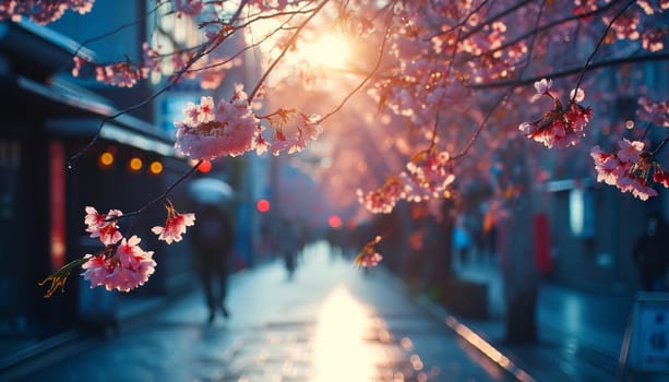 A colorful street photo of the streets of Japan during the Hanami holiday. Cherry blossoms. High quality photo