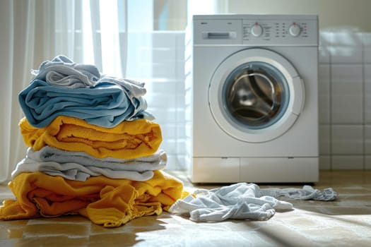 Dirty laundry piled up next to a washing machine. Generative AI.