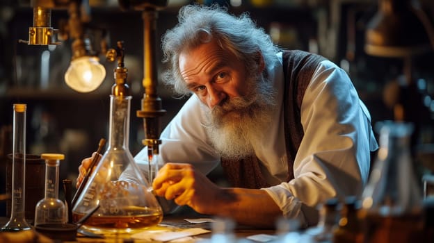 The scientist conducts experiments in his laboratory. Historical photo with reconstruction of the 18th century. High quality illustration