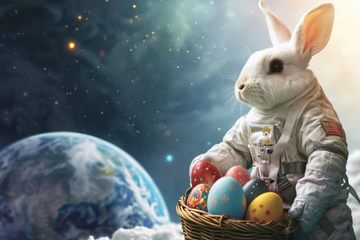 Rabbit wear astronaut suit standing to holding colorful Easter eggs in basket. Generative AI.