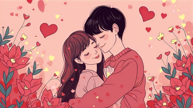 Young couple hugging among hearts and flowers - Generative AI