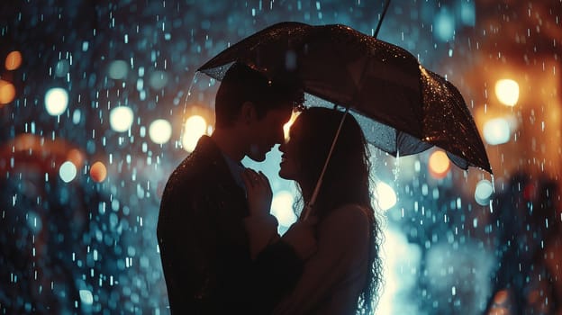 A couple in love under the same umbrella. Romantic photo for Valentine's Day. High quality photo