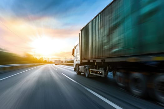 Truck with container on highway, cargo transportation concept. Fast delivery, blurred motion.