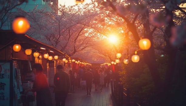 A colorful street photo of the streets of Japan during the Hanami holiday. Cherry blossoms. High quality photo