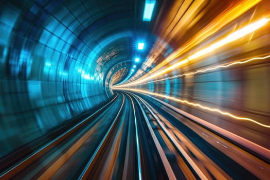 Abstract long exposure dynamic speed light trails in a tunnel. Generative AI.