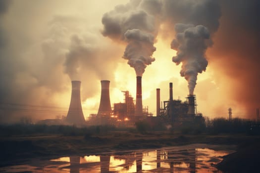 Industrial factory pollution, smokestack exhaust gases, bad atmosphere.