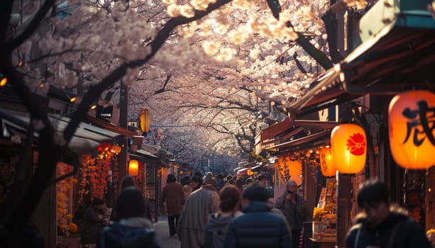 A colorful street photo of the streets of Japan during the Hanami holiday. Cherry blossoms. High quality photo