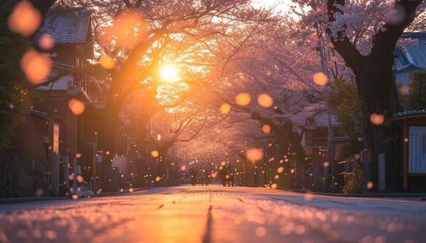 A colorful street photo of the streets of Japan during the Hanami holiday. Cherry blossoms. High quality photo