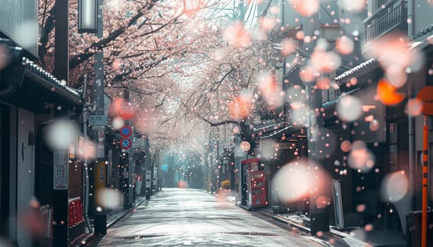 A colorful street photo of the streets of Japan during the Hanami holiday. Cherry blossoms. High quality photo