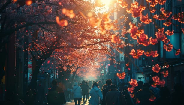 A colorful street photo of the streets of Japan during the Hanami holiday. Cherry blossoms. High quality photo