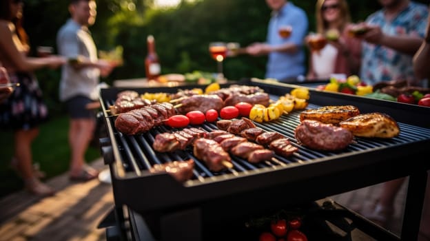 barbecue party backyard, a barbecue plate at a party between friends or family, AI Generative.